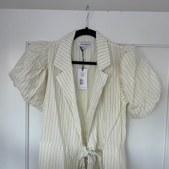 Weworewhat Collared Wrap Dress Ivory Short Puff Sleeve Pin Stripe Ruffle Hem - Picture 6 of 11